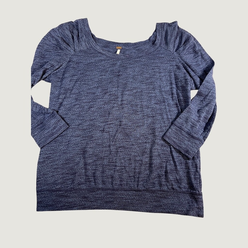 Free People Navy Blue Marled Knit Puff Shoulder Scoop Neck Pullover Top Small
